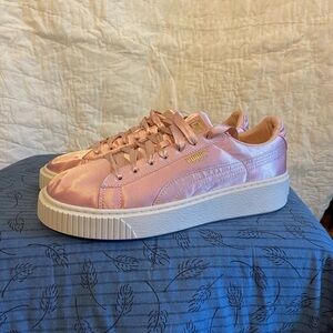 Puma basket satin platform sneakers with ribbon laces, pink 9
